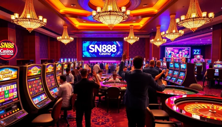 Players celebrating a big win at SN88 Casino, surrounded by slot machines and card games, showcasing the excitement of gambling.