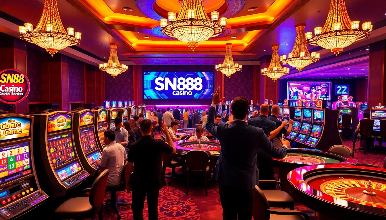 Players celebrating a big win at SN88 Casino, surrounded by slot machines and card games, showcasing the excitement of gambling.
