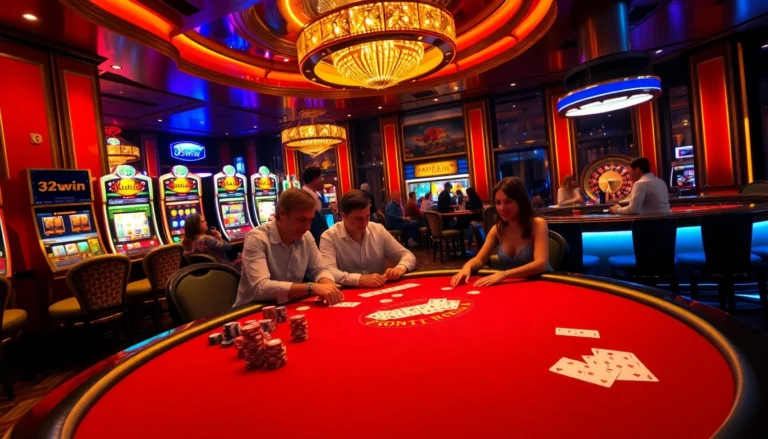 Players at an elegant 32win casino table engaging with poker cards and chips in a vibrant atmosphere.