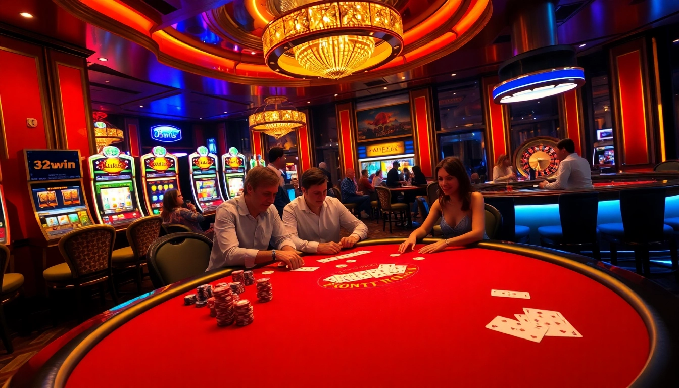 Players at an elegant 32win casino table engaging with poker cards and chips in a vibrant atmosphere.