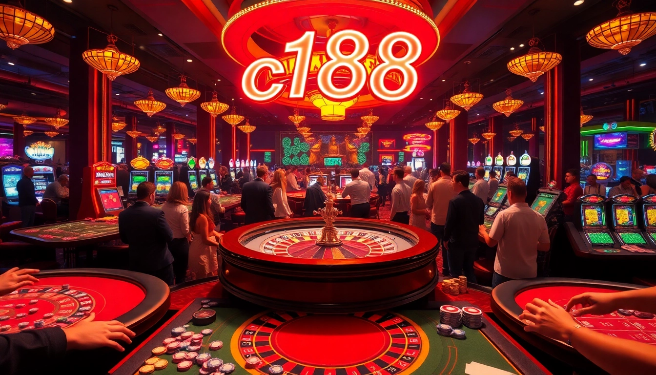 Exciting casino scene with roulette wheel and players, showcasing c168 in vibrant neon lights.