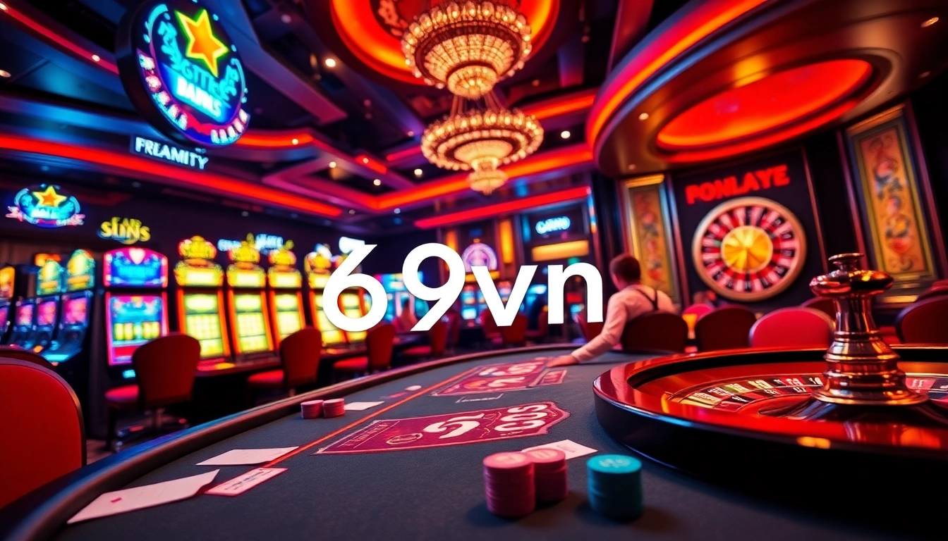 Exciting live casino action at 69vn with players at the poker table and vibrant slot machines.