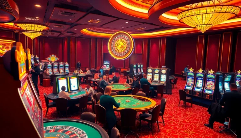 Experience the thrill of kuwin at a lively casino with players enjoying poker and vibrant slot machines.