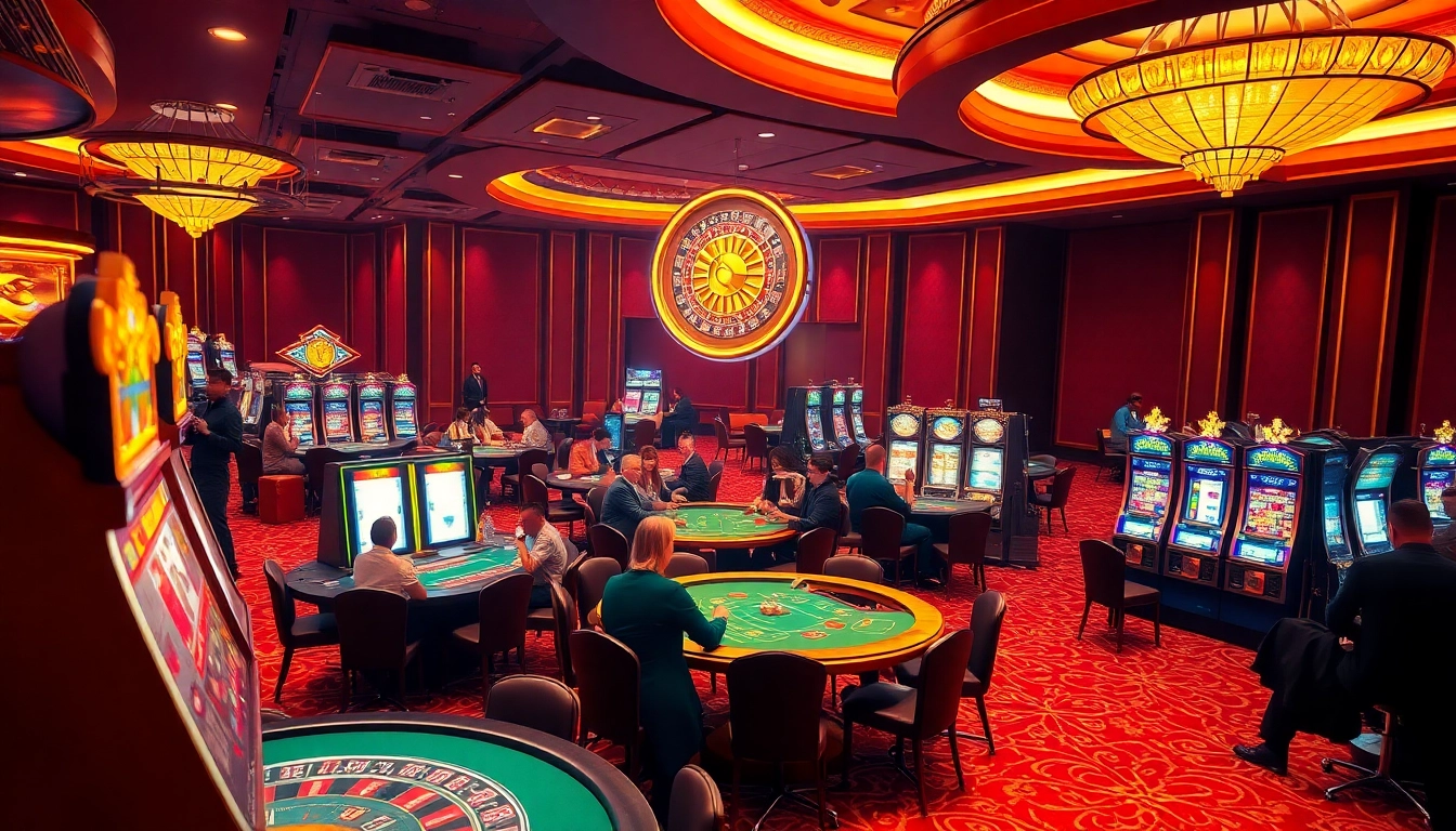 Experience the thrill of kuwin at a lively casino with players enjoying poker and vibrant slot machines.