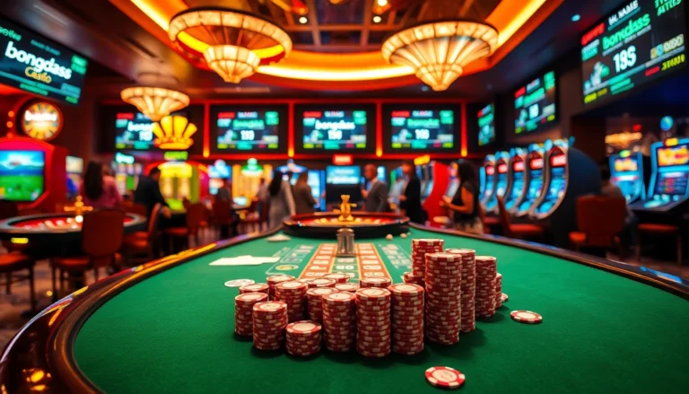 Bongdaso live sports betting showcased on a vibrant casino floor with poker tables and slot machines.