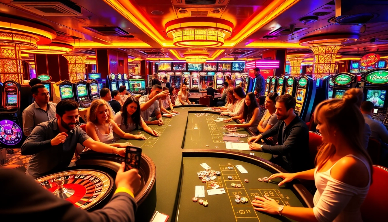 Players engaging in thrilling casino games including 1gom betting activities with colorful chips and bright lights.