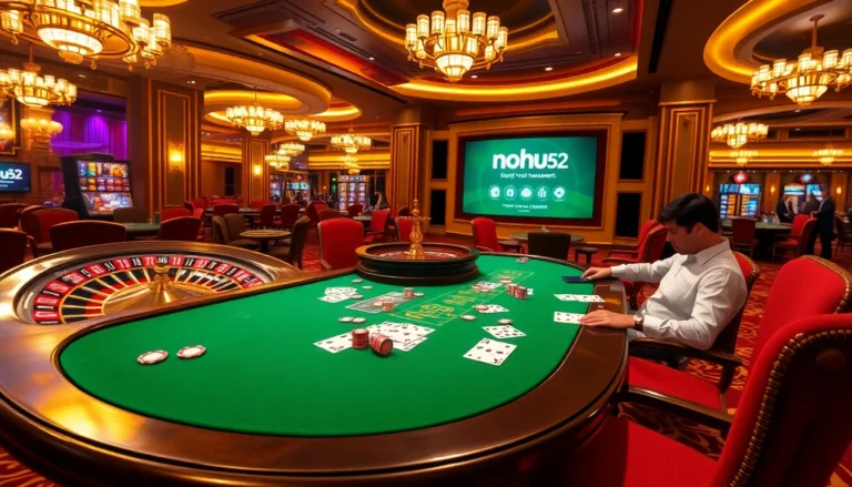 Experience the thrill of nohu52 at a vibrant casino with poker tables and a roulette wheel.