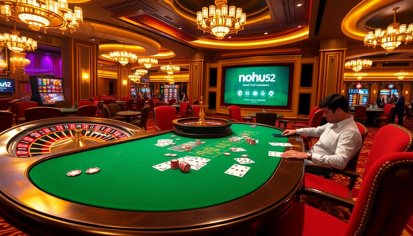 Experience the thrill of nohu52 at a vibrant casino with poker tables and a roulette wheel.