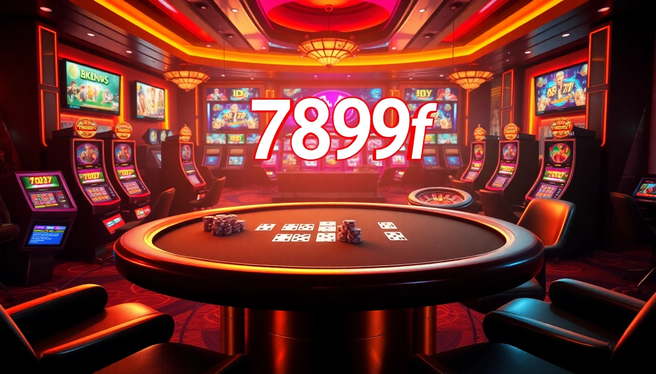 Experience the excitement of 789f with vibrant casino games featuring poker tables, brightly lit slots, and roulette wheels in an upscale setting.