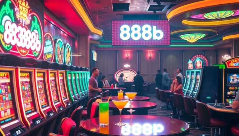 Players enjoying slot machines at 888b casino, surrounded by vibrant neon lights and exciting roulette action.