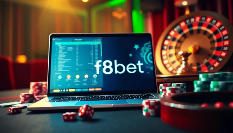 f8bet online gambling interface with poker chips, dice, and roulette wheel in a vibrant casino setting.