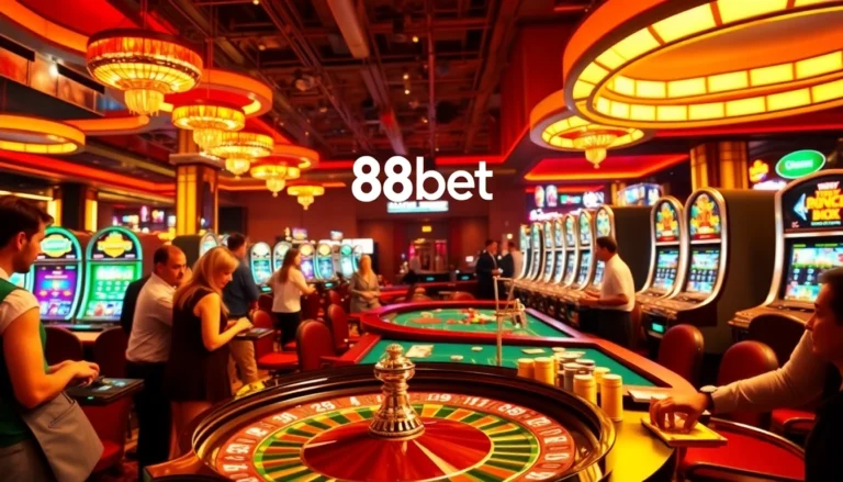 Experience the thrill of gambling at 88bet with players at a roulette table surrounded by vibrant slot machines.