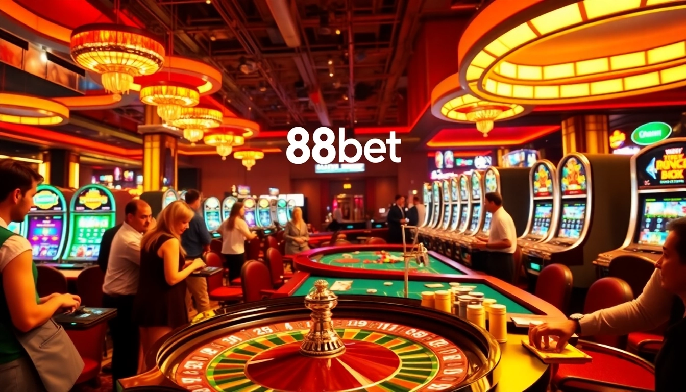 Experience the thrill of gambling at 88bet with players at a roulette table surrounded by vibrant slot machines.