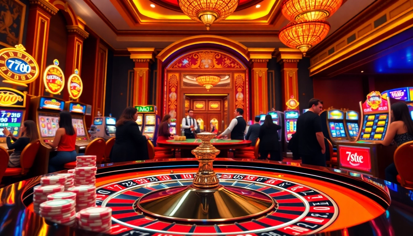 Experience the thrill of winning at 789f with players at a roulette table amidst dazzling casino lights.