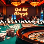 Câu hỏi thường gặp: Players engaged in an exhilarating casino atmosphere with tables and games.