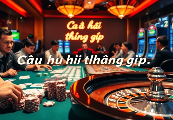 Câu hỏi thường gặp: Players engaged in an exhilarating casino atmosphere with tables and games.