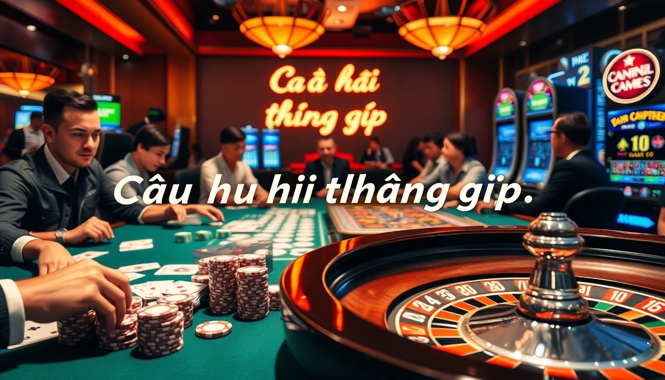 Câu hỏi thường gặp: Players engaged in an exhilarating casino atmosphere with tables and games.